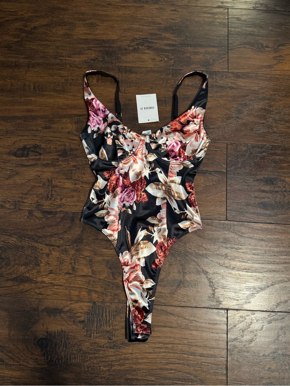 Forever 21 Black Satin Floral Bodysuit